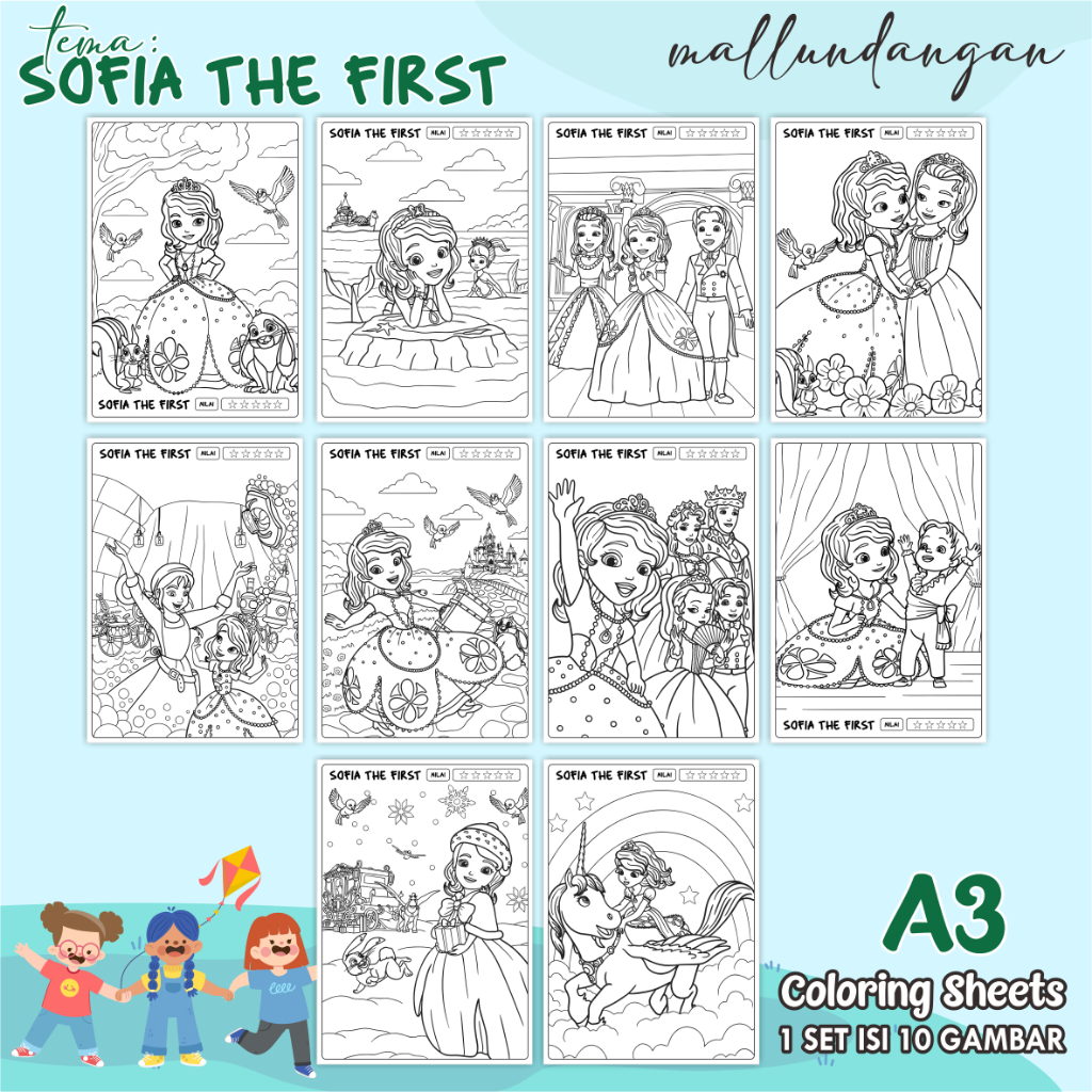 

LEMBARAN MEWARNAI ANAK A3 - TEMA SOFIA THE FIRST - PAPER COLORING SHEETS FOR KIDS
