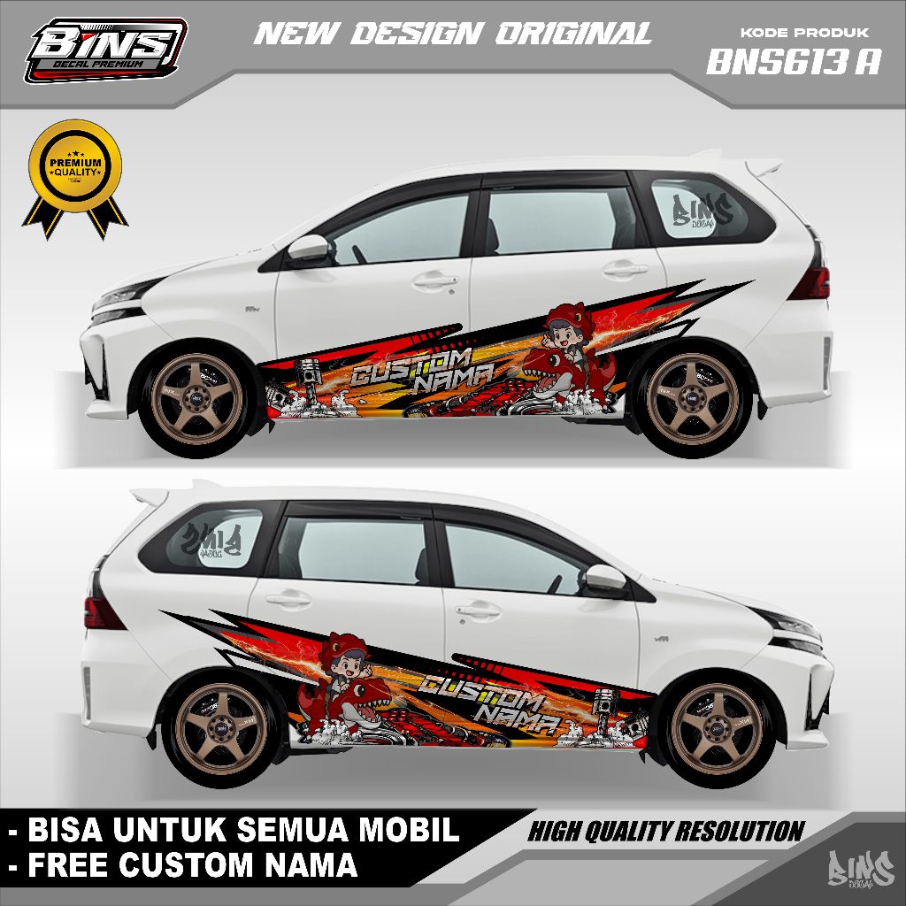 BNS613-STIKER DECAL MOBIL GRATIS TULIS NAMA GAMBAR DINO MERAH ANAK LUCU XENIA BRIO SIGRA AYLA RUSH