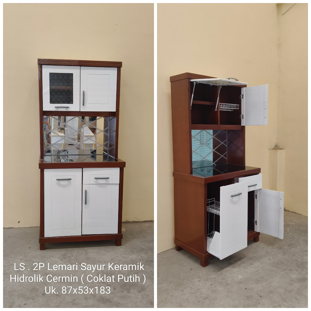 LS 2P Lemari Sayur Keramik Hidrolik Cermin ( Coklat Putih ) - Lemari Sayur Kayu / Rak Dapur Kayu / L