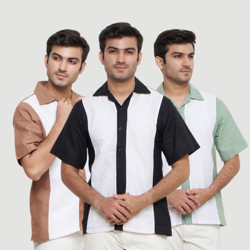 FRAMMASSI Kemeja Linen Pria Lengan pendek Kombinasi vintage - Bowling shirt Mirkel vanwinkleKemeja L