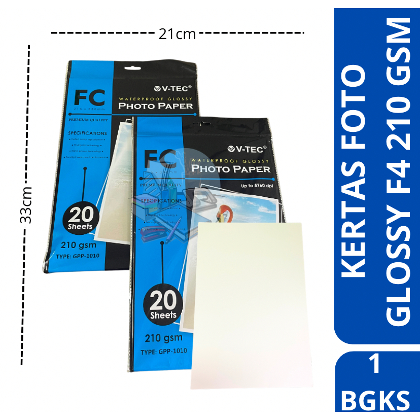 

[1 BUNGKUS] Kertas Foto / Waterproof Glossy Photo Paper Ukuran F4 210 Gsm Isi 20 Sheets Vtec