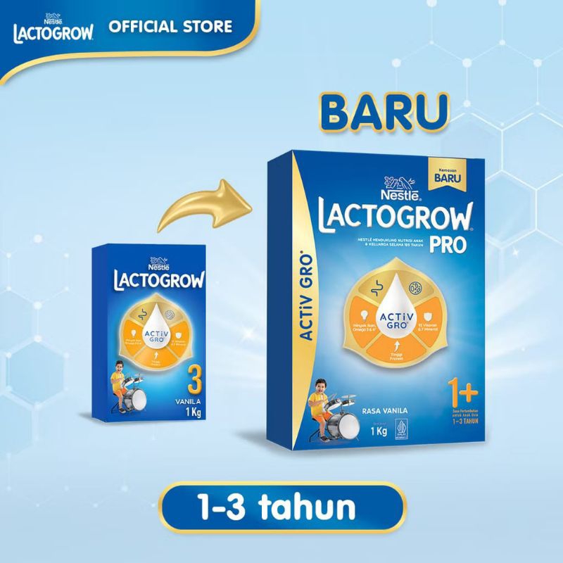 

Nestle LACTOGROW Pro 1+ / LACTOGROW 3 Dengan ACTiVGRO Susu Vanila Box - 1000g [1-3 Tahun]