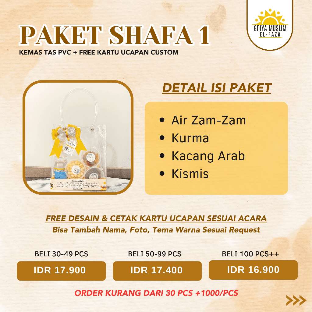 PAKET SHAFA 1 Kemas PVC | Snack Arab | Oleh-Oleh Haji | Oleh-Oleh Umroh | Air Zam Zam | Kurma | Kaca