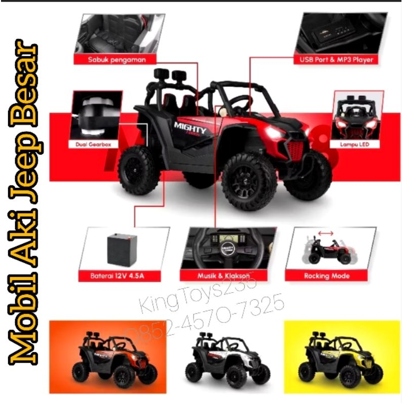 Mainan Mobil Aki Jeep Besar Lampu Remote Control Remot Kontrol Suara Lagu Charger Cas Berjalan Maju 