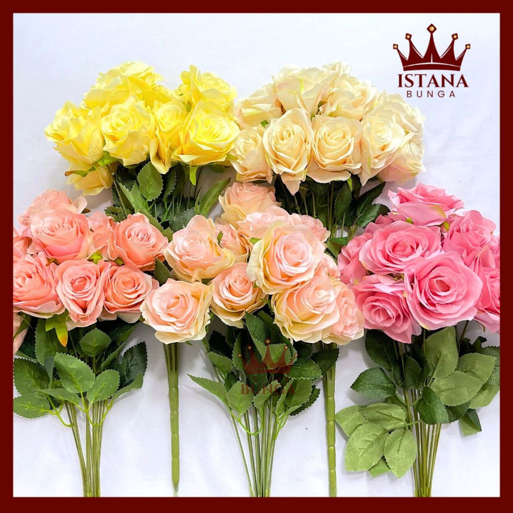 1 LUSIN Bunga Mawar Import 12 Cabang Artificial/Bunga Hias Lusinan Premium/Bunga Dekor (KN-6)