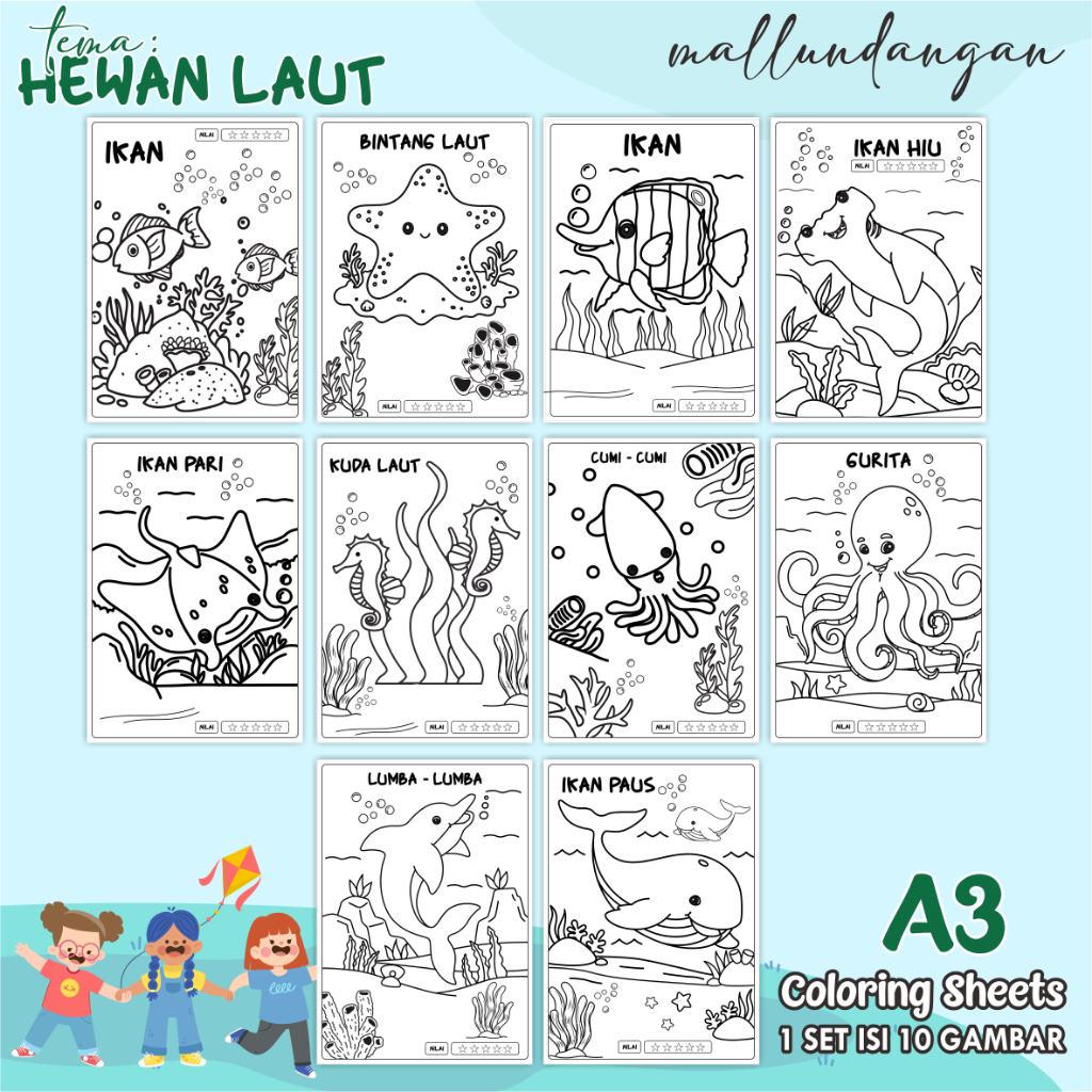 

LEMBARAN MEWARNAI ANAK A3 - TEMA HEWAN LAUT - PAPER COLORING SHEETS FOR KIDS