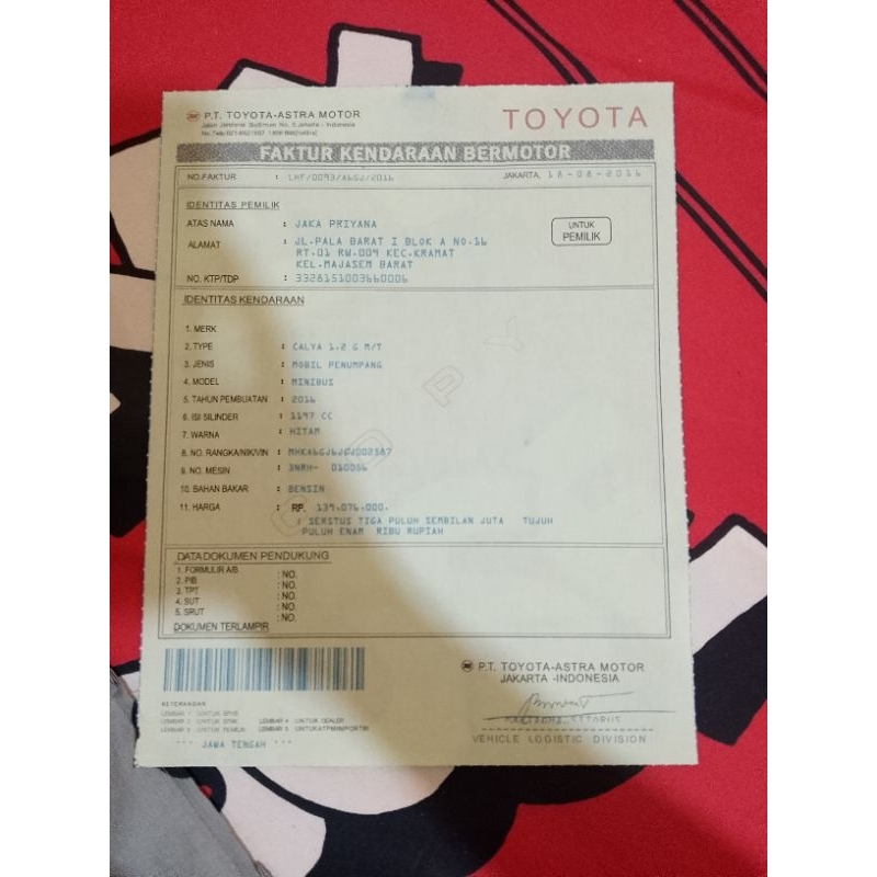 faktur kendaraan mobil hilang