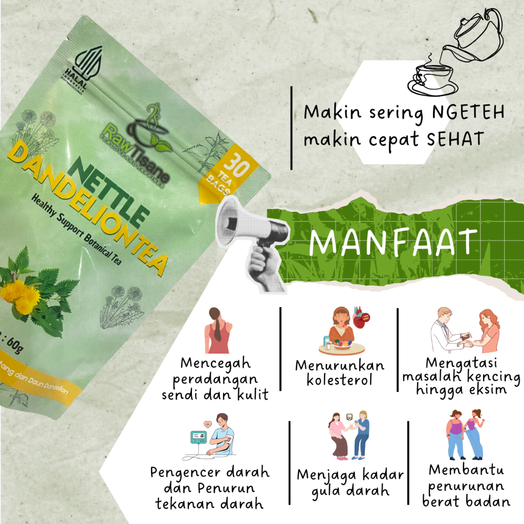 

RAW TISANE Nettle Dandelion Tea : Teh Celup Daun Jelatang & Daun Dandelion Isi 30 Tea Bag