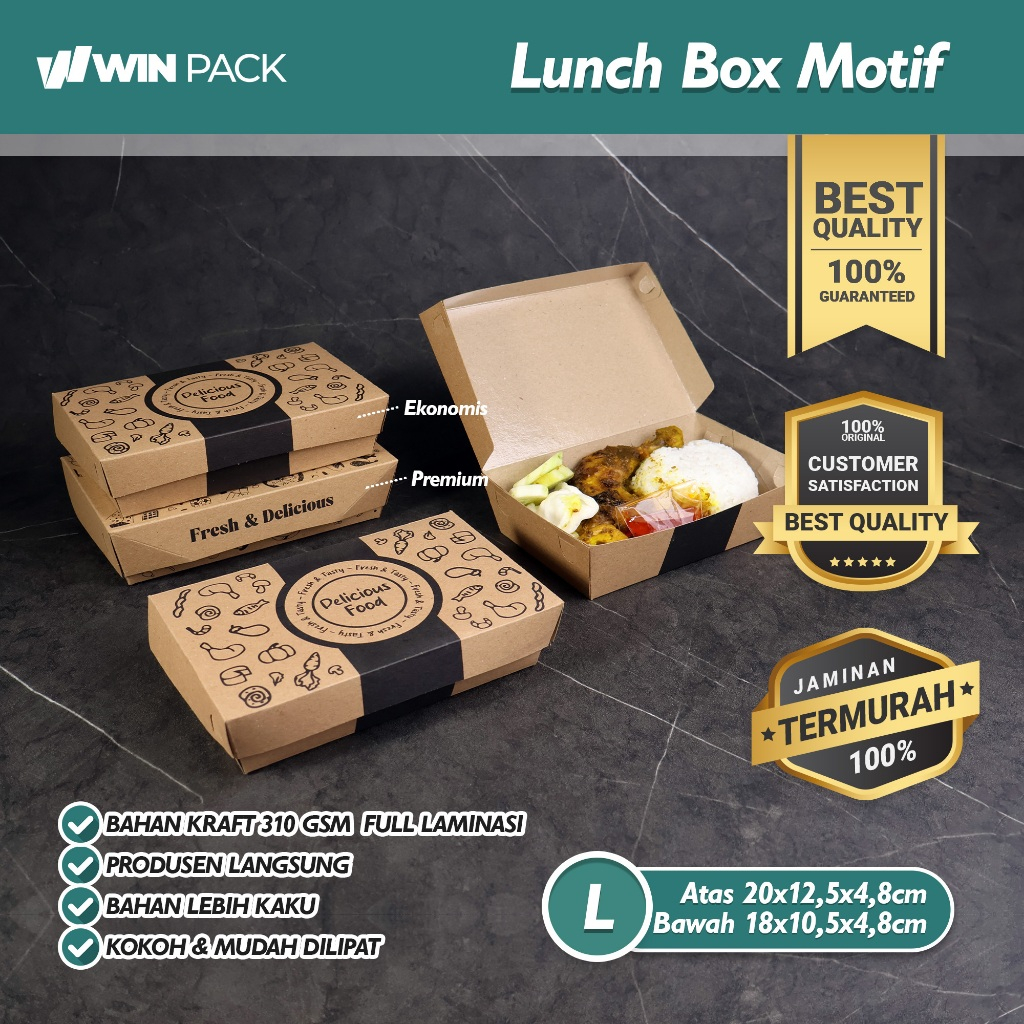 Isi 50 Pcs Paper Lunch Box L Laminasi | Lunch Box L Motif | 325 GSM