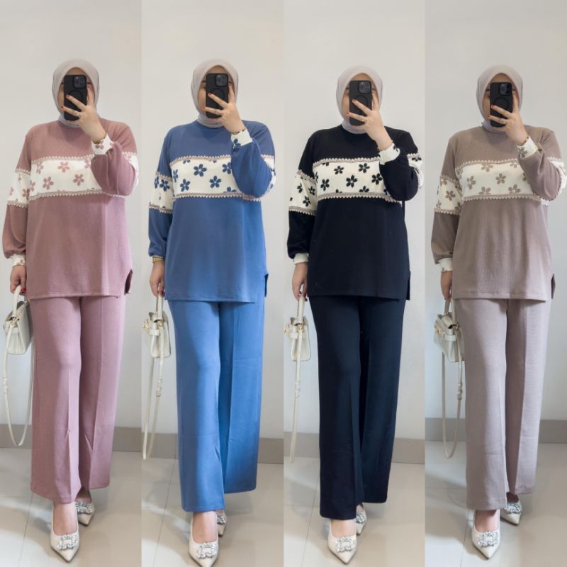 ONE SET MOTIF BUNGA MELATI RENDA KNIT PREMIUM SETELAN CELANA