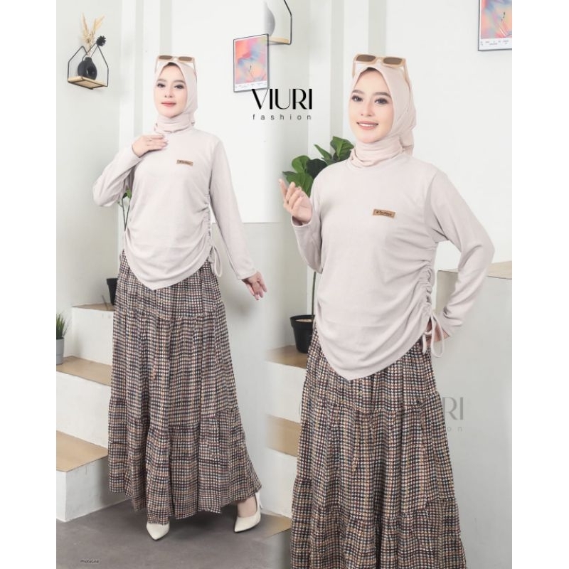 One set korean style Setelan  Atasan Knit Serut + Rok Kotak Rempel Umpak Rayon | Baju Muslim Wanita 