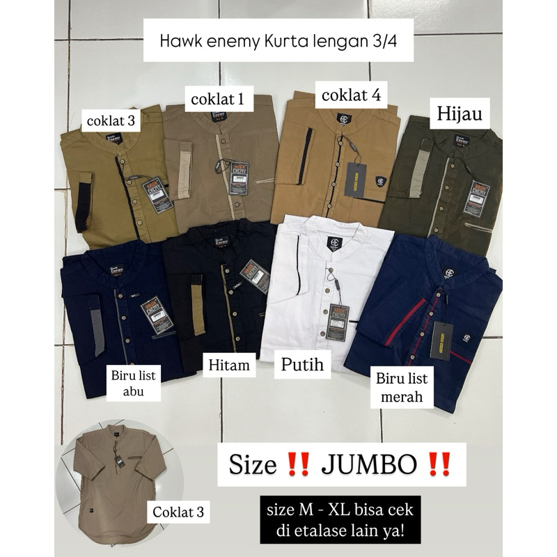 HAWK ENEMY Koko Kurta JUMBO lengan 3/4 KOMBINASI LIST ukuran 2XL , 3XL , 4XL / Baju muslim pria / Ba