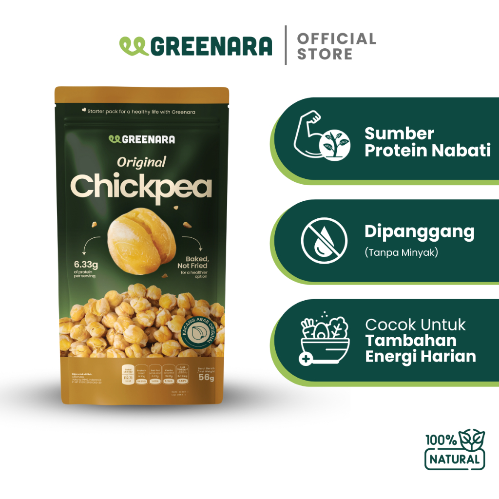 

Greenara Natural Roasted Chickpea Original 56g / Kacang Arab Panggang Original / Snack Sehat