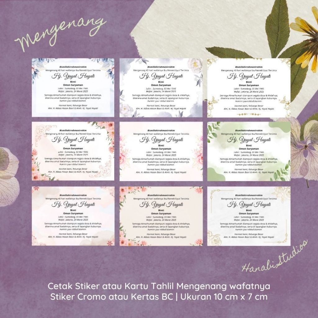 Kartu atau Stiker Tahlil Mengenang Wafatnya 40 Hari Mengenang 100 Hari Mengenang 1000 Hari