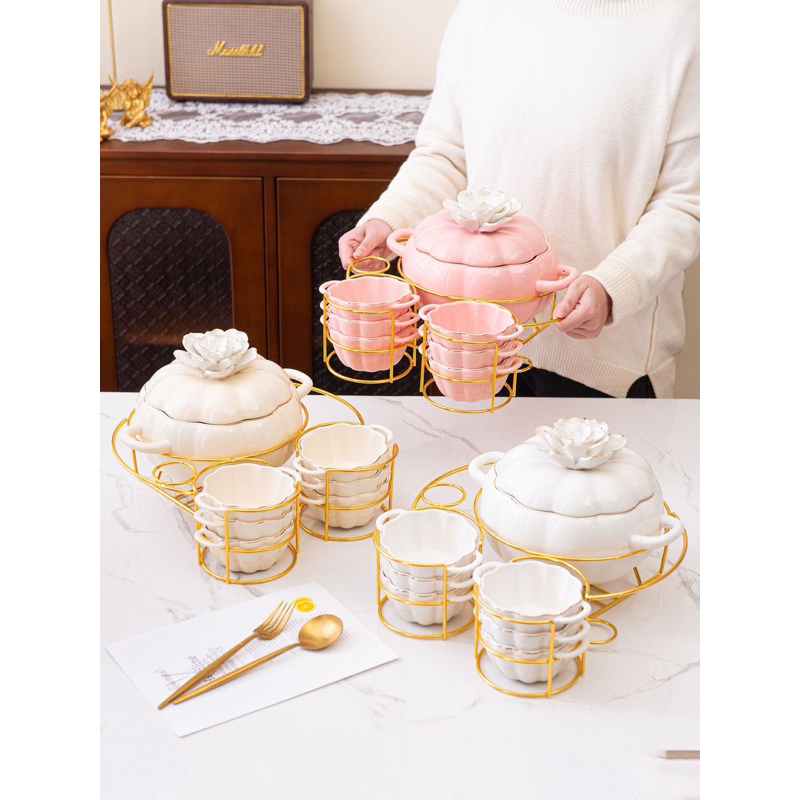 PRE ORDER Mangkuk Tempat Sup Es Buah Keramik Soup Bowl Set Putih Hitam Pink Hijau Marble Gold