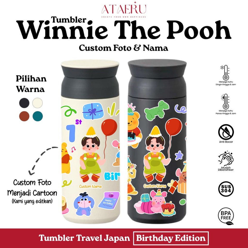 Botol Minum Souvenir Ultah Anak Design Winnie The Pooh Tumbler Custom Nama Custom Gambar