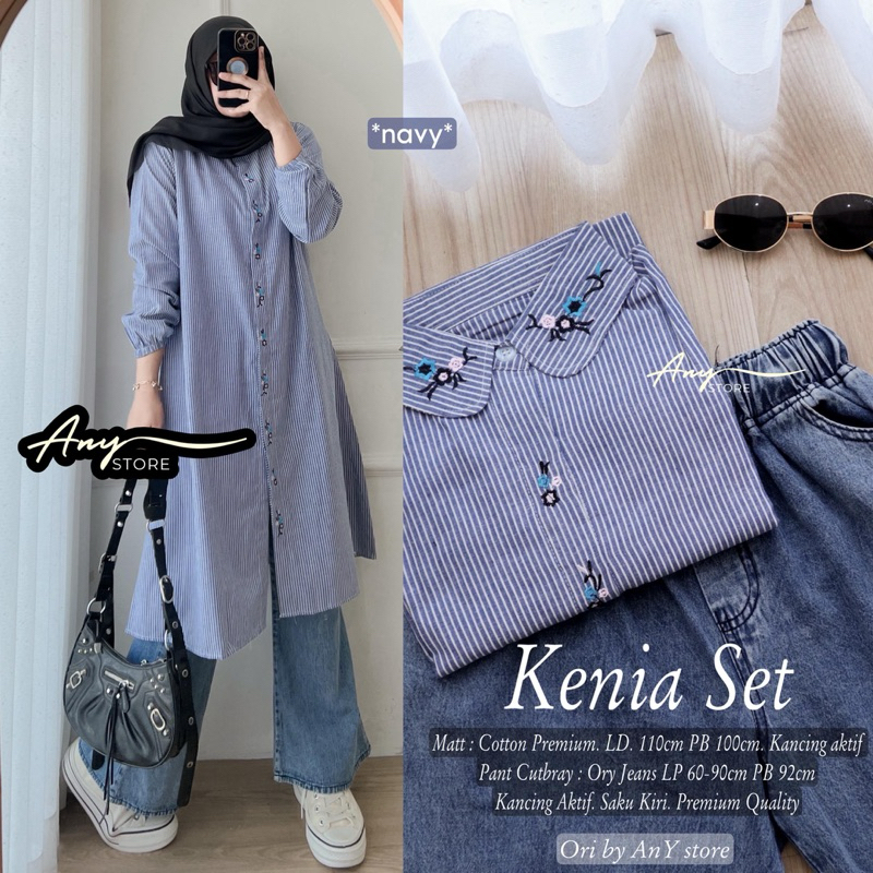 kenia one set wanita kekinian by A.N.Y long tunik garis garis celana jins cutbray celana kulot highw