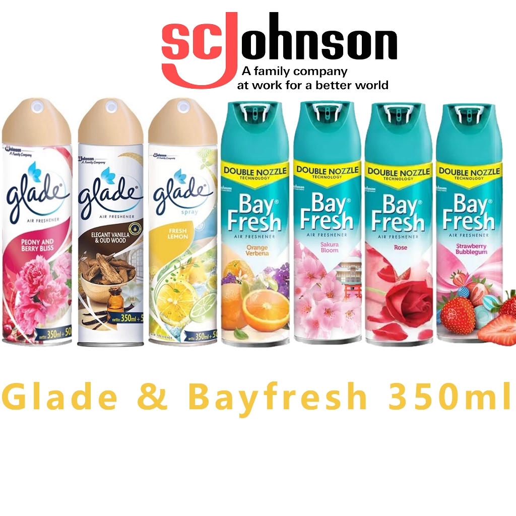 Glade & Bayfresh Aerosol Elegant Vanilla & Oud Wood / Peony / Lemon / Strawberry / Rose 350 ml