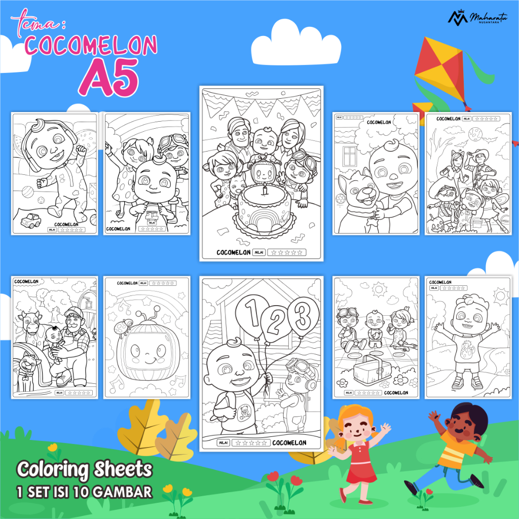 

[TEMA COCOMELON] KERTAS GAMBAR ANAK - LEMBAR MEWARNAI 1 SET ISI 10 - COLORING SHEETS FOR KIDS UK. A5