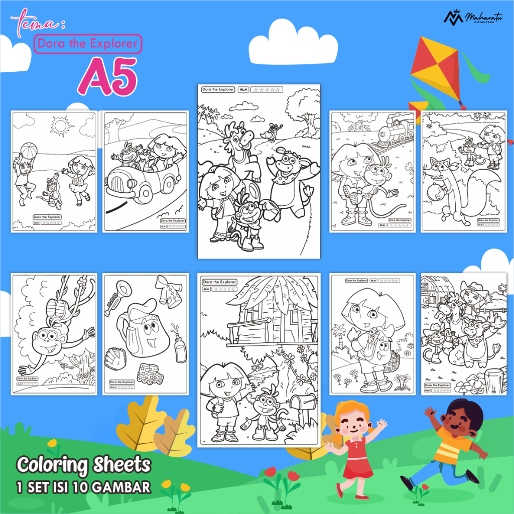 

[TEMA DORA A5] KERTAS GAMBAR ANAK - LEMBAR MEWARNAI 1 SET ISI 10 - COLORING SHEETS FOR KIDS