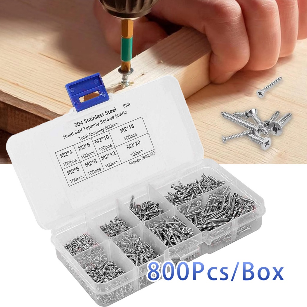 800Pcs/Box Sekrup Kecil Gypsum Kayu Sekrup Kepala Rata Baja Karbon Self Tapping Screw M2