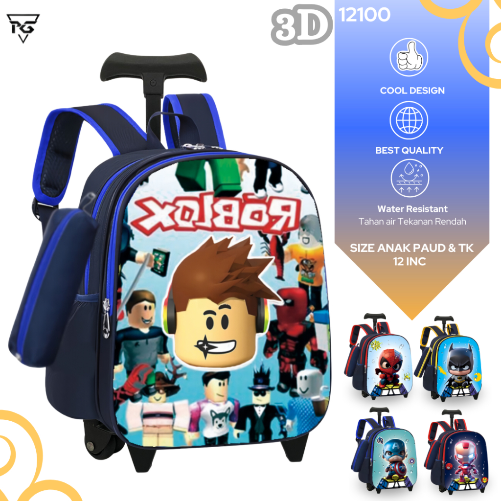 Tas Koper Anak Sekolah Laki Laki Paud & TK Timbul Karakter Roblox Tas Troli Anak Cowok 12100