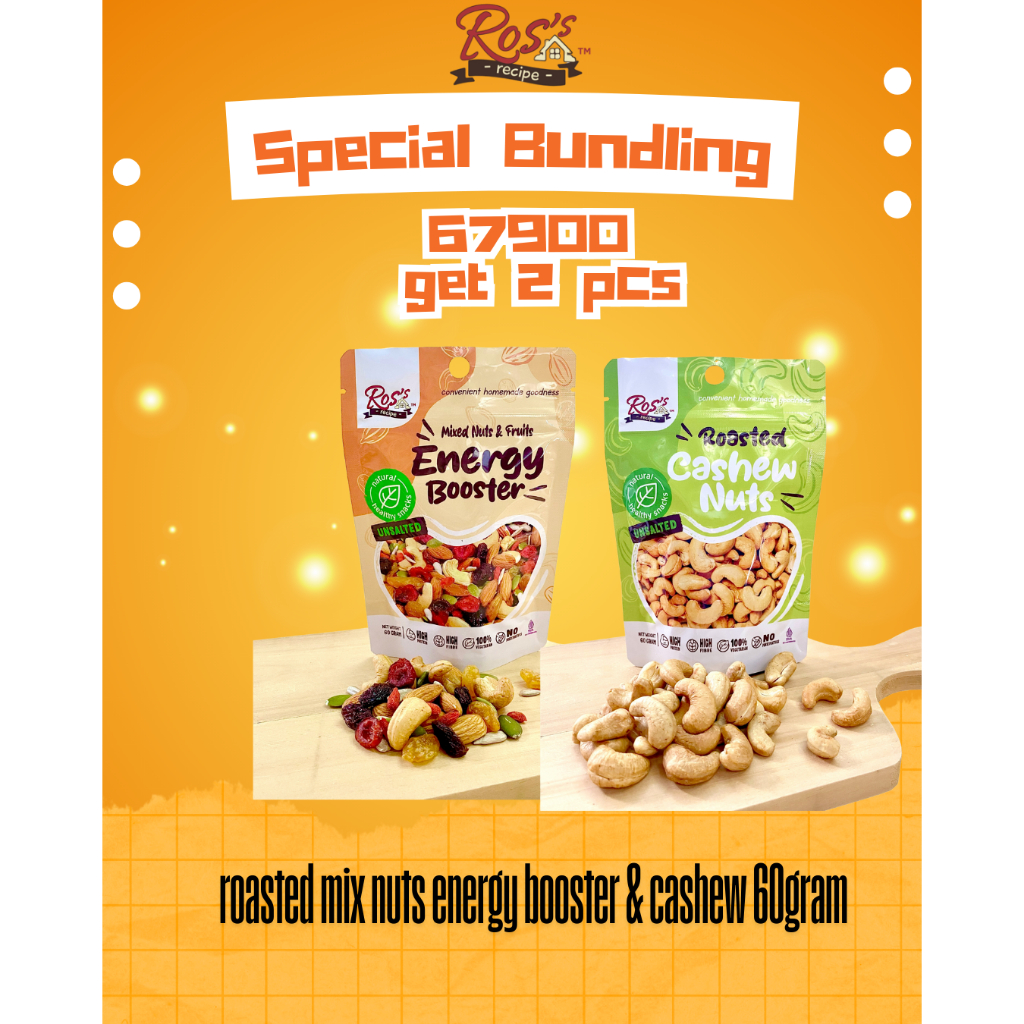 

Ros Recipe Promo Bundling Kacang Panggang Mix Nut Energy Booster 60gr dan Cashew premium 60gr