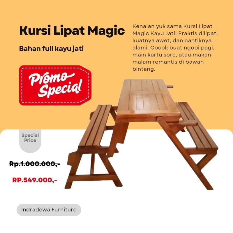 MEJA MAKAN LIPAT JATI kursi cafe magic minimalis restoran rumah makan