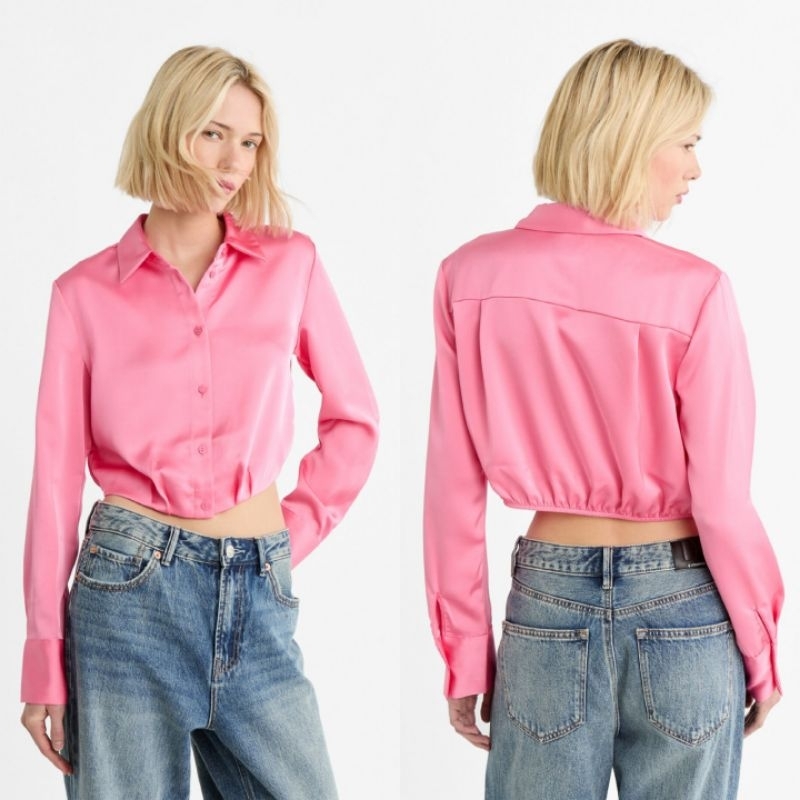 STRADIVARIUS KEMEJA SATIN CROP SHIRT PINK BARU ASLI ORIGINAL