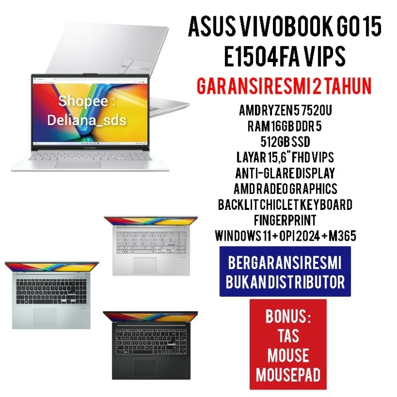 Laptop Asus Vivobook Go 15 E1504FA VIPS Ryzen 5 7520U 16GB/512GB SSD 14" FHD VIPS Garansi Resmi 1 Ta