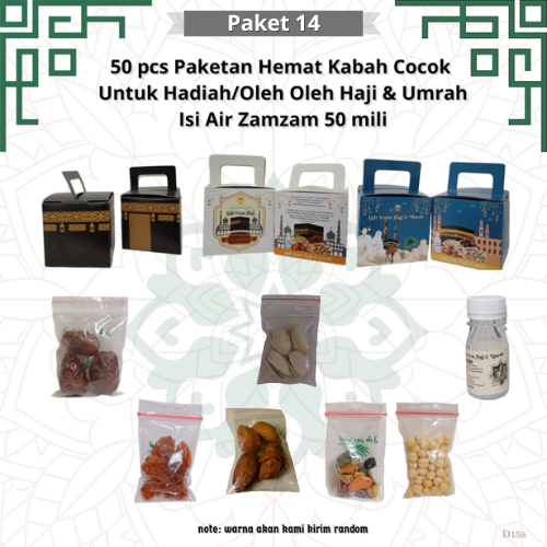 

Paketan hemat cokil+almond+pistasio KABAH 50 pcs untuk oleh oleh haji dan umroh (isi air zamzam 50 ml)