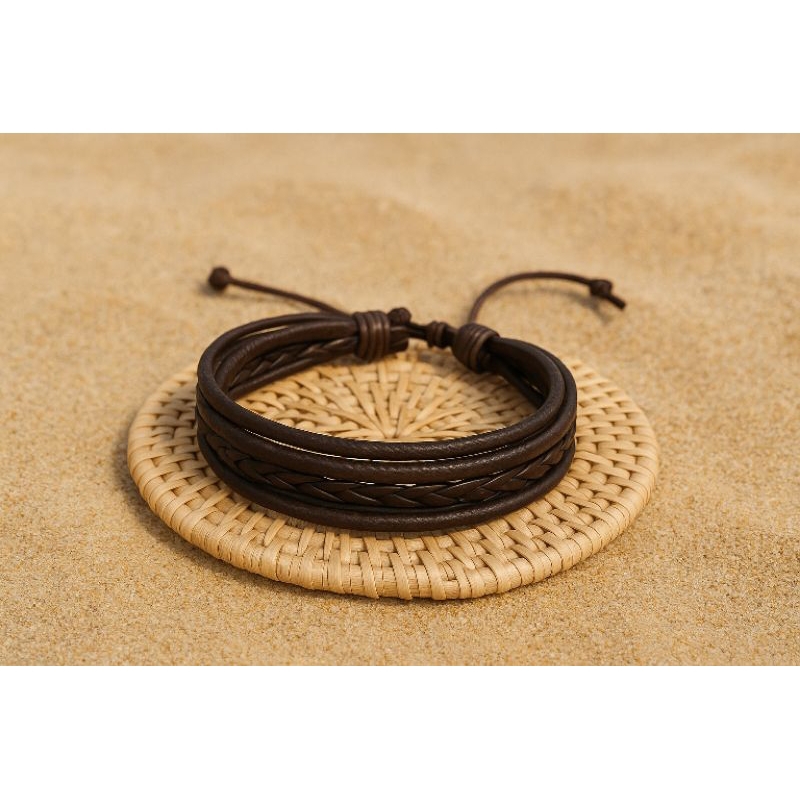 Gelang tali kulit 3 rangkap gelang pria gelang wanita