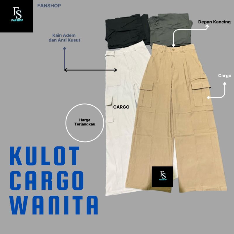Kulot Cargo Wanita Katun Twill Stretch Highwaist / Celana Panjang