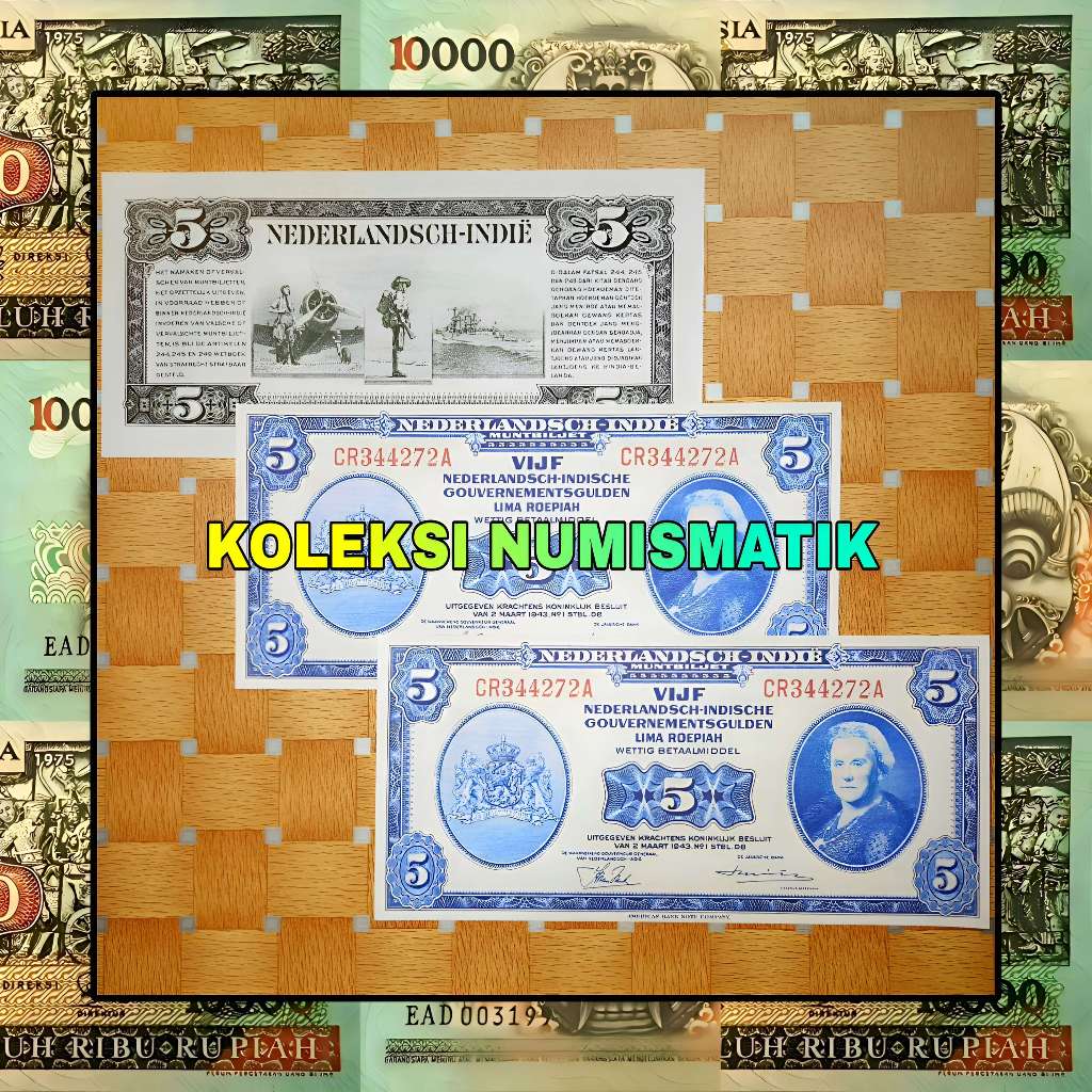 SOUVENIR REPRO UANG KERTAS KUNO HINDIA BELANDA 5 GULDEN NICA WILHELMINA 1943