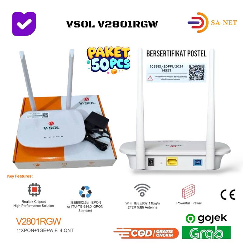 50 PCS ONT XPON VSOL V2801RGW Bersertifikat POSTEL ONU XPON V 2801 RGW Support Semua OLT GPON dan EP