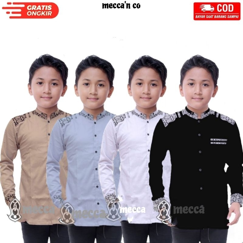 Mecca'nCo Baju Koko Anak Laki-laki Lengan Panjang Baju Koko Kombinasi Batik Baju Koko Putih Bisa COD