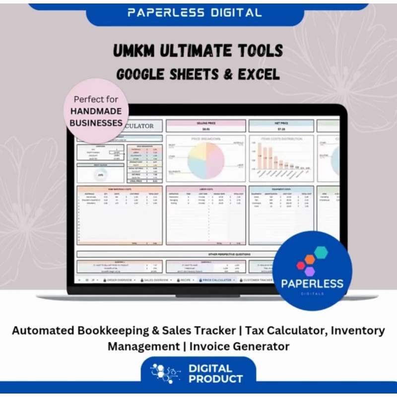 

UMKM / Bisnis Automated Bookkeeping & Sales Tracker | Tax Calculator, Inventory Management, Invoice Generator | Excel & Google Sheets Template for Small Business | Pembukuan Otomatis & Pelacak Penjualan | Kalkulator Pajak, Manajemen Stock