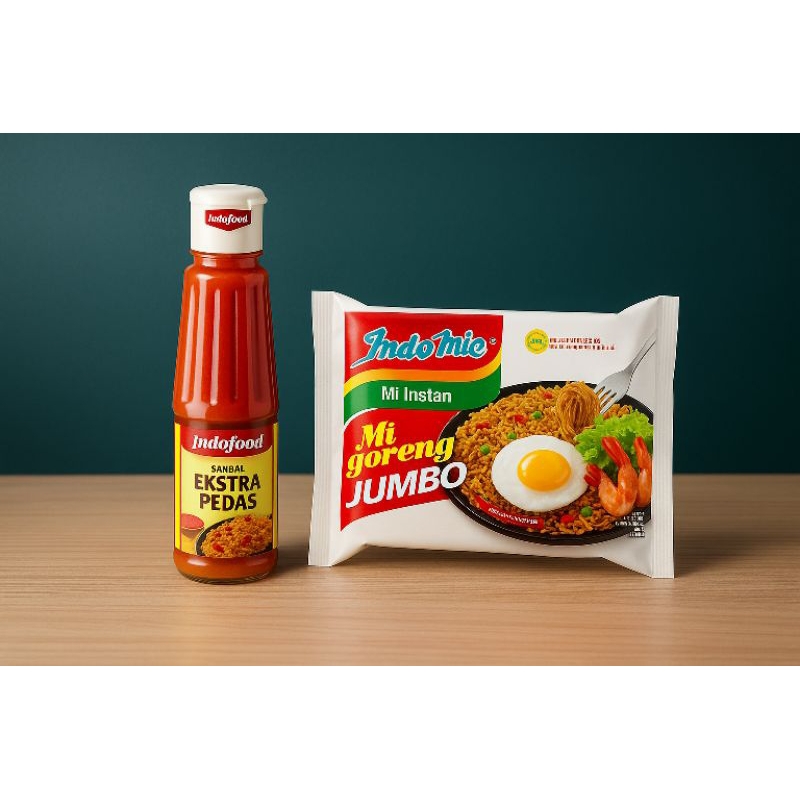 

1 PCS SAMBAL INDOFOOD EKSTRA PEDAS BOTOL 275 ML + 1 PCS INDOMIE GORENG JUMBO