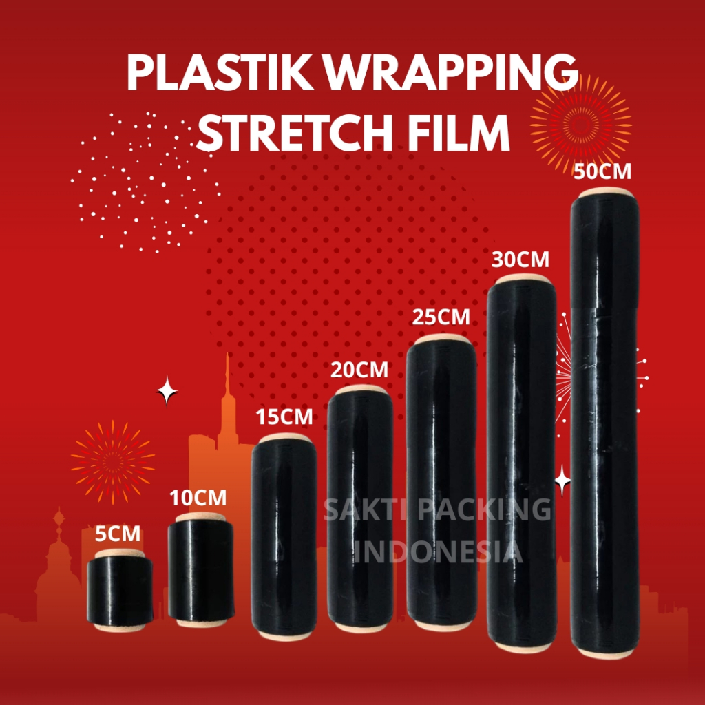

Plastik Wrapping Barang / Stretch Film Hitam 5cm - 50cm x 300 meter 17 micron TIDAK GAMPANG PUTUS