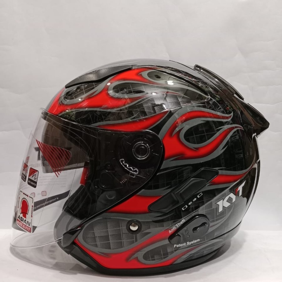 HELM HALF FACE KYT GALAXY FLAT R FLAME BLACK RED DOUBLE VISOR ORIGINAL HITAM MERAH API
