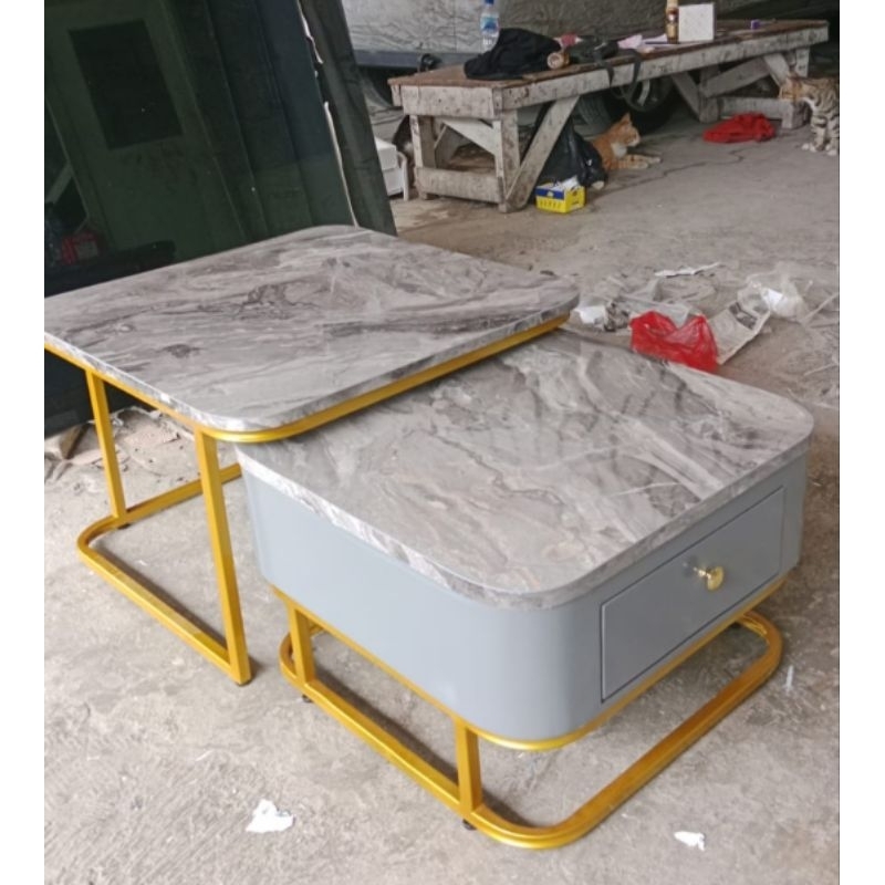 Meja Tamu Motif HPL Marmer , Meja Tamu Besi Kotak, Meja Tamu Minimalis , Meja Tingkat