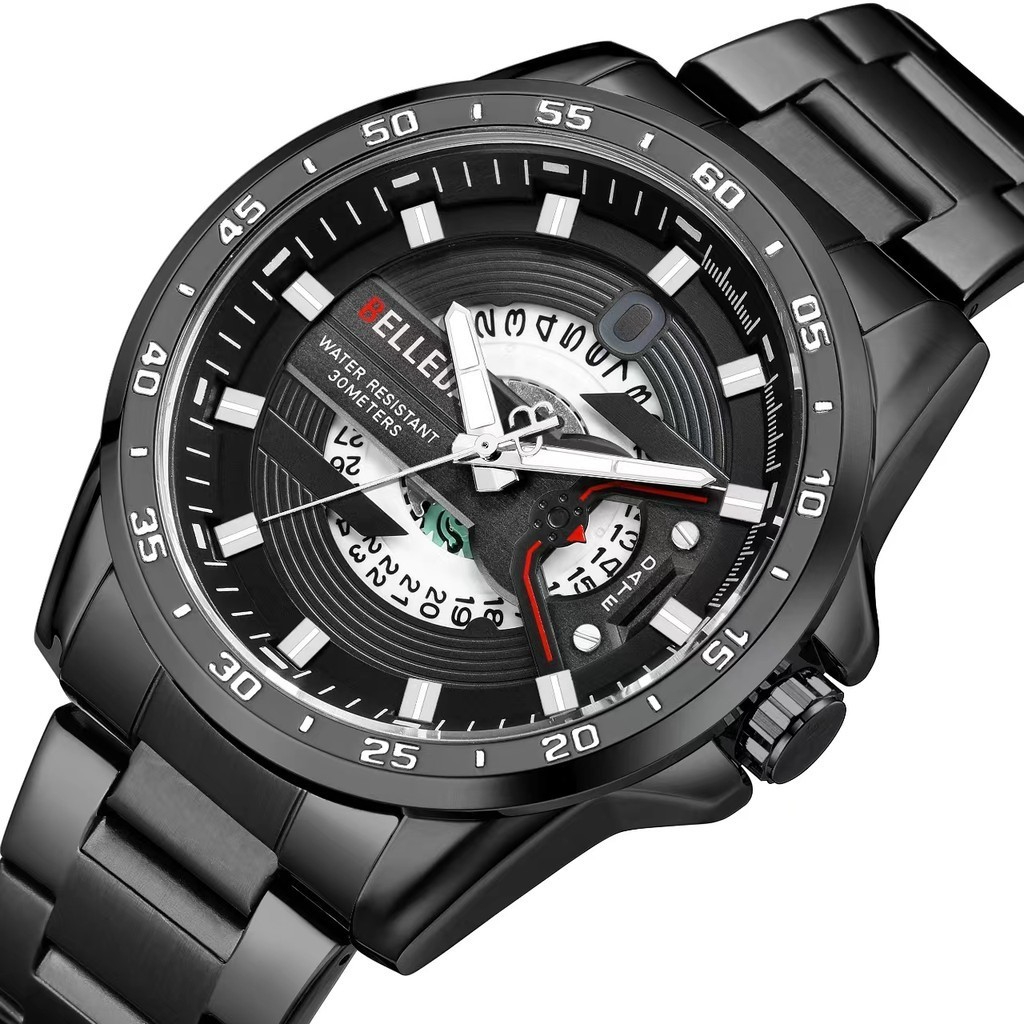 Jam Tangan Pria BELLEDA 9382 Rantai Stainless Steel Tanggal Aktif Anti Air 3 Atm Man Watches