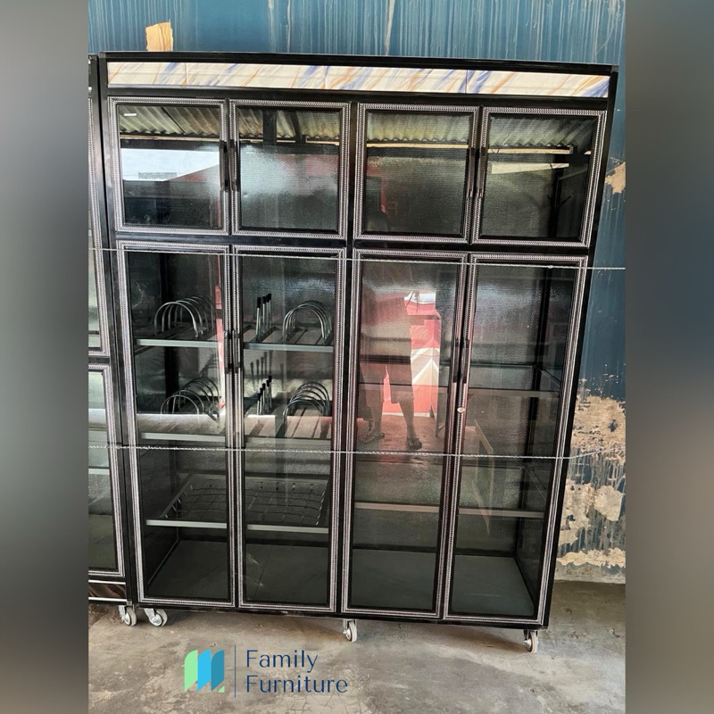 Lemari Rak Piring Aluminium 4 Pintu Minimalis Pintu Kaca Rata
