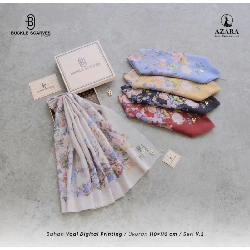 PAKET 5 PC HIJAB SEGI 4 BUCKLE SCARVES PREMIUM KATUN SIBLEM MOTIF LOGO LC PKING BOX Katun Lembut Squ