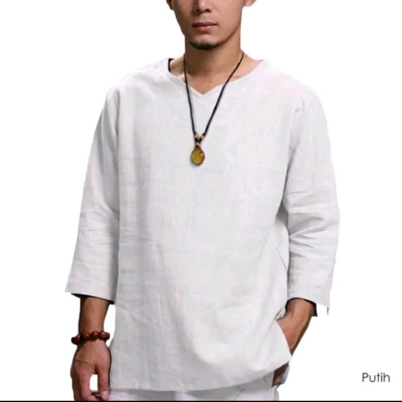 Baju Linen Pria Tangan Panjang Baju Koko Pria Atasan Kemeja Pria Katun Linen