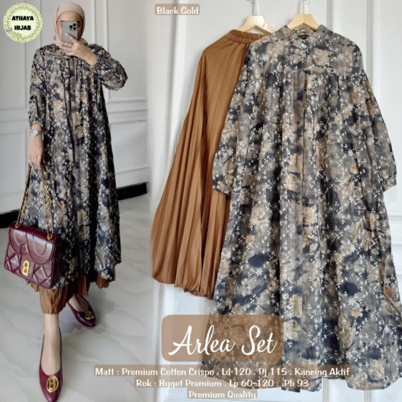 Arlea set setelan tunik dan rok by Athaya long tunic jumbo ld 120 rok panjang plisket long tunik flo