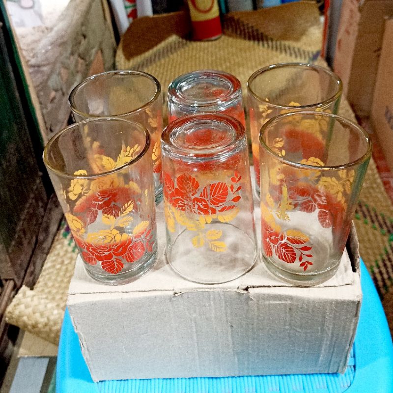 (6pcs)Gelas kopi motif bunga / gelas warkop / gelas kaca motif bunga