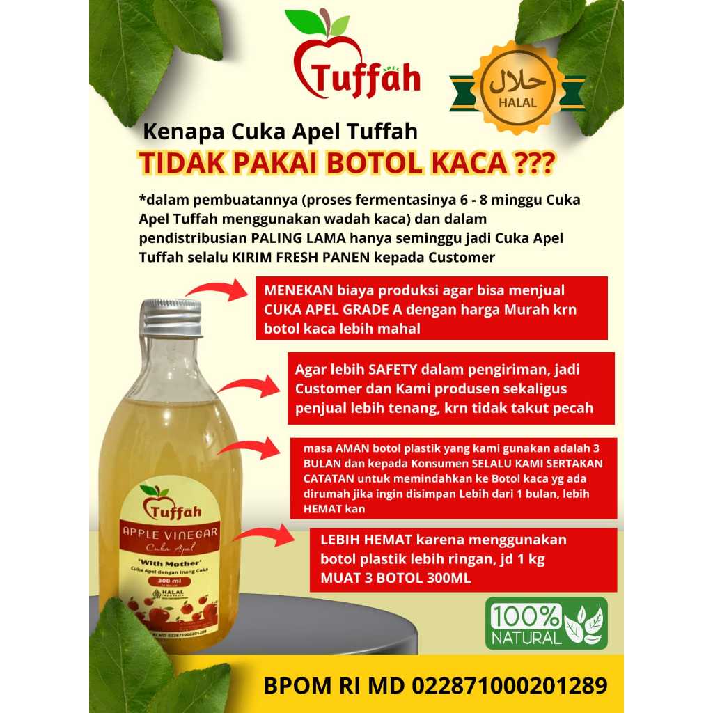 

[PAKET 4 BOTOL] TUFFAH CUKA APEL PREMIUM HALAL & BPOM Apple Cider Vinegar Premium With Mother