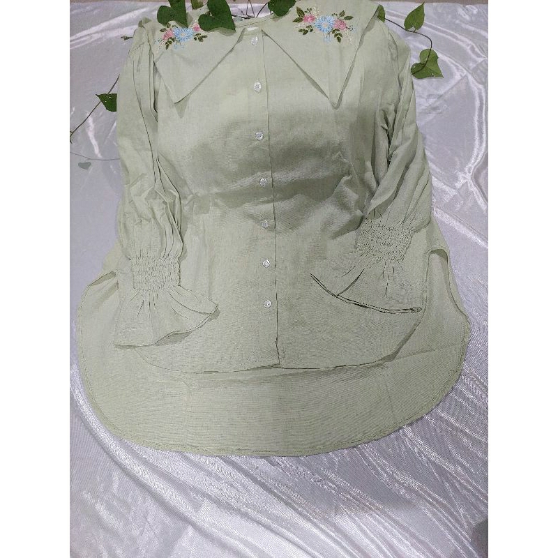 Atasan wanita shadytree motif kerah bunga bahan Linen premiun fashion wanita kemeja wanita kerah but