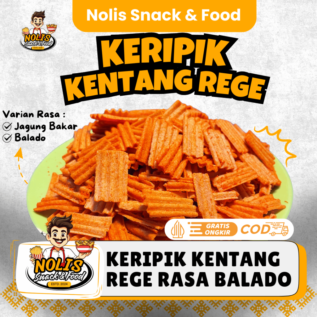 

KERIPIK KENTANG REGE BALADO [NOLIS SNACK & FOOD] Renyah Grosir Kiloan / Makanan Ringan